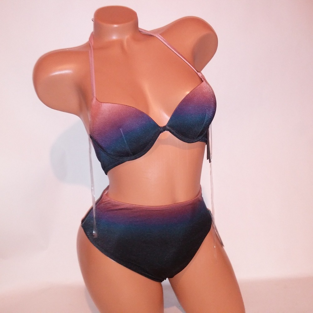Victoria Secret Swim Bikini 32A Top XS Bottom Ombre Push Up High Waist Black Mau